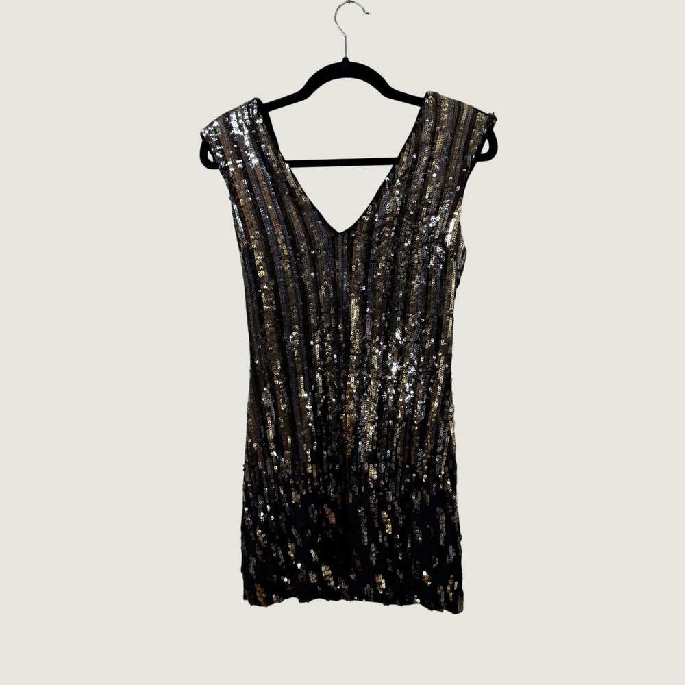 Standard James Perse Sequin Stripe V-Back Mini Dress Black Gold Bodycon L (3)